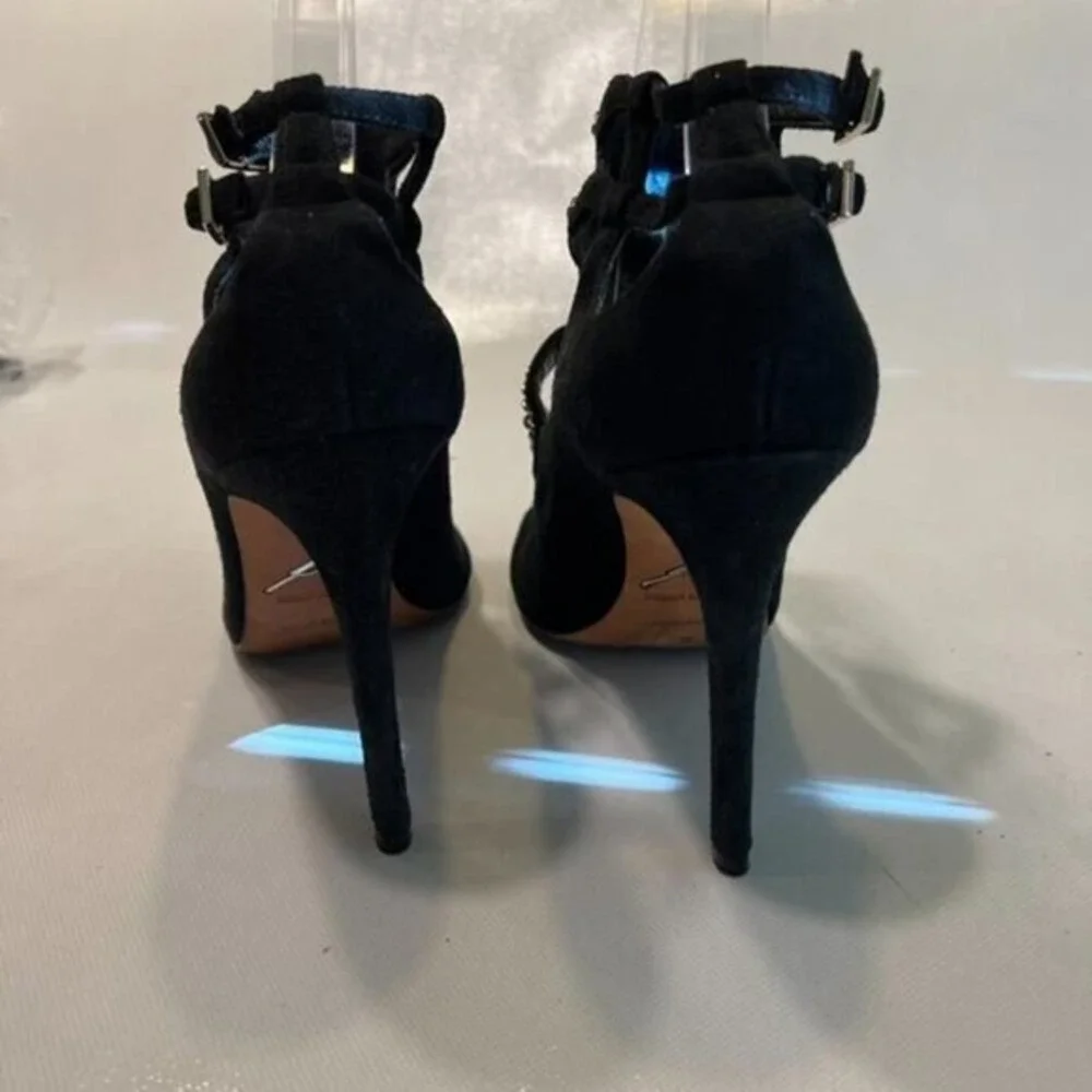 Brian Atwood Chain Link Suede Cage Sandals Womens 8 Black Excellent Stiletto